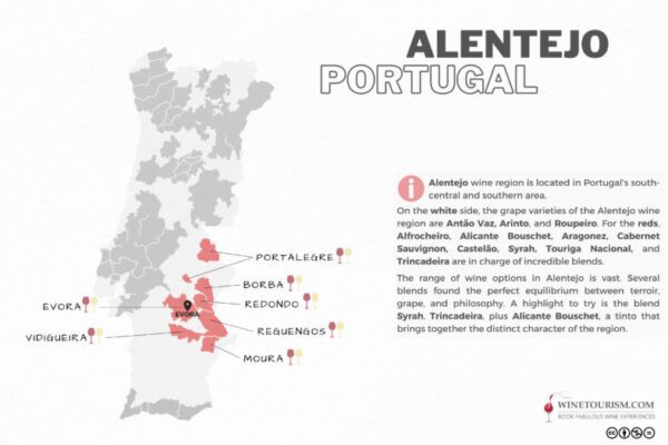 A map of the Alentejo wine region, Portugal.