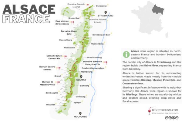 A map of the Alsace wine region, France.