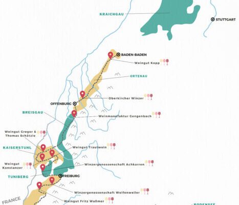 A map of the Baden wine region, Germany.