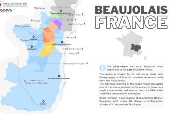 A map of the Beaujolais wine region, France.