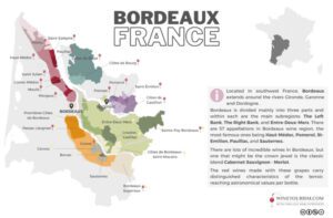 A map of the Bordeaux wine region, France.