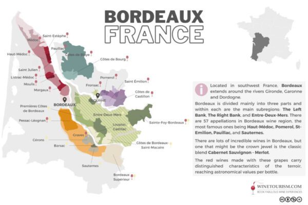 A map of the Bordeaux wine region, France.