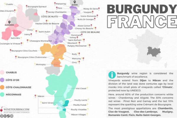 A map of the Bourgogne (Burgundy) wine region, France.