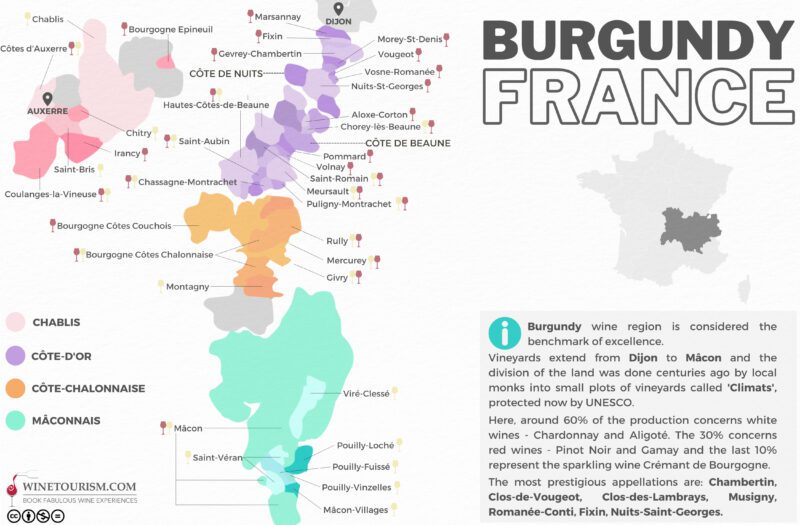 A map of the Bourgogne (Burgundy) wine region, France.