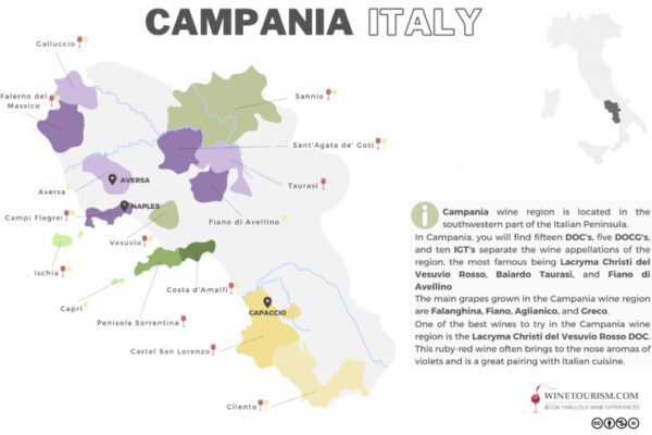 A map of Campania wine region, Italy.