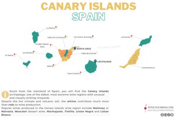 A map of the Canary Islands wine region, Spain.