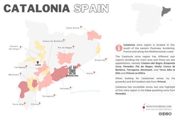 A map of the Catalunya (Catalonia) wine region in Spain.