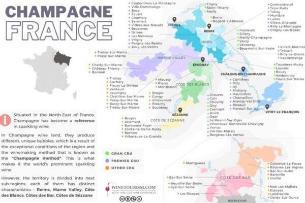 A map of the Champagne wine area, France.