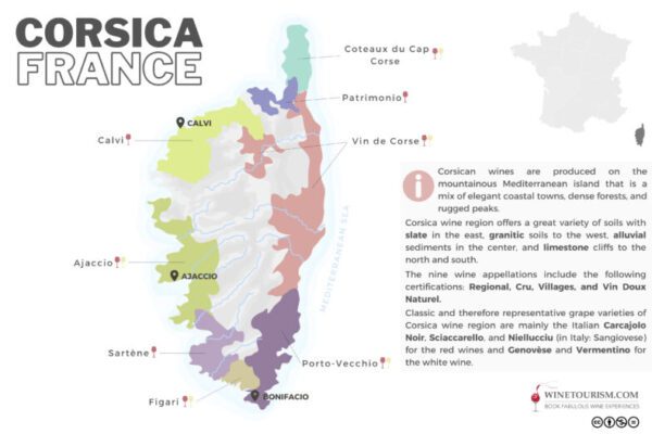 A map of the Corsica wine region, France.