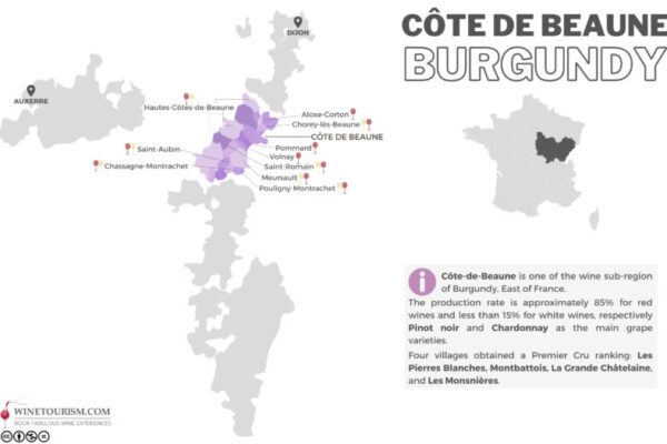 A map of the Côte de Beaune wine region, France.