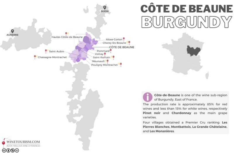 A map of the Côte de Beaune wine region, France.