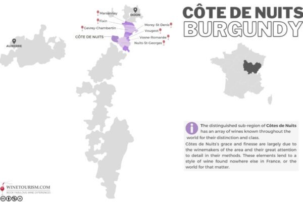 A map of the Côte de Nuits wine region, France.