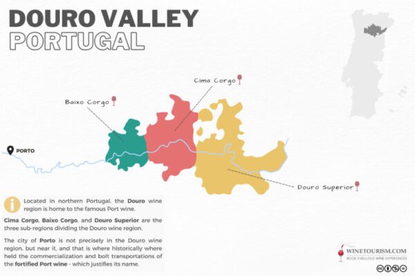 A map of the Douro Valley wine region, Portugal.