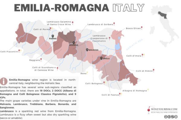 A map of the Emilia-Romagna wine region, Italy.