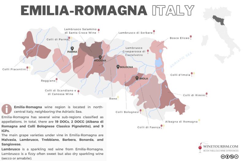 A map of the Emilia-Romagna wine region, Italy.