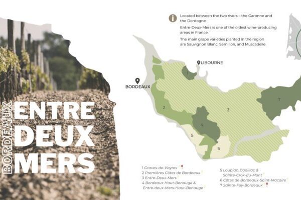 A map of the Entre-Deux-Mers wine region, France.