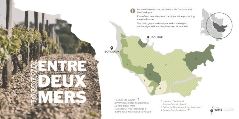 A map of the Entre-Deux-Mers wine region, France.