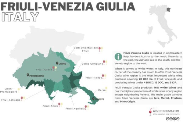 A map of the Friuli Venezia Giulia wine region, Italy.