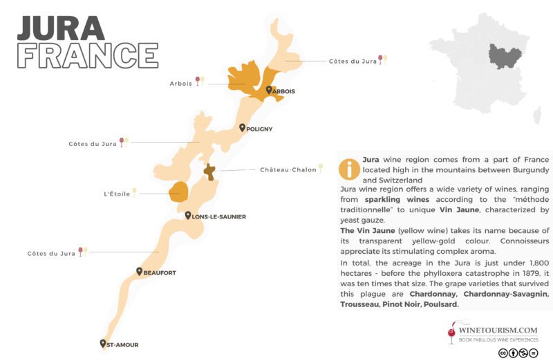 A map of the Jura wine region, France.
