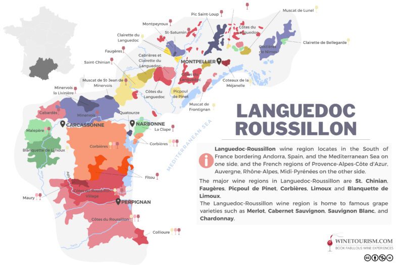 A map of the Languedoc-Roussillon wine region, France.