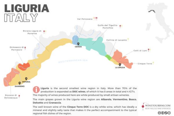 A map of the Liguria wine region, Italy.