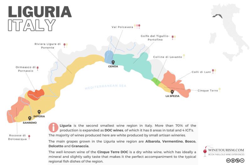 A map of the Liguria wine region, Italy.