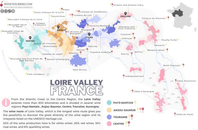 A map of the Loire Valley wine region, France.