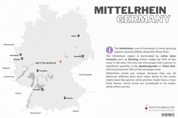 A map of the Mittelrhein wine region, Germany.