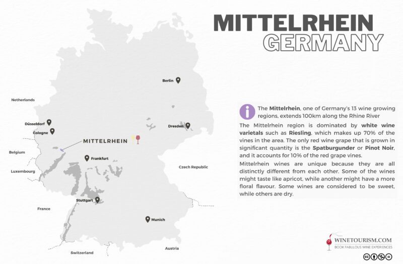 A map of the Mittelrhein wine region, Germany.