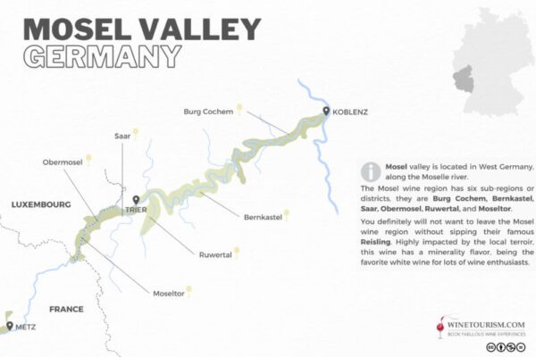 A map of the Mosel Valley wine region, Germany.