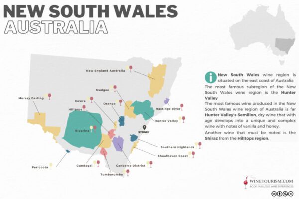 A map of the New South Wales wine region, Australia.