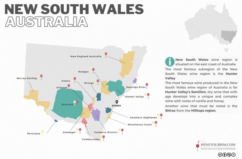 A map of the New South Wales wine region, Australia.