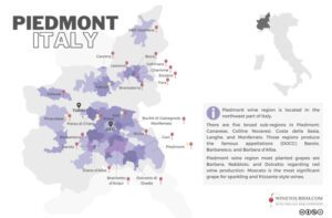 A map of the Piemonte (Piedmont) wine region, Italy.