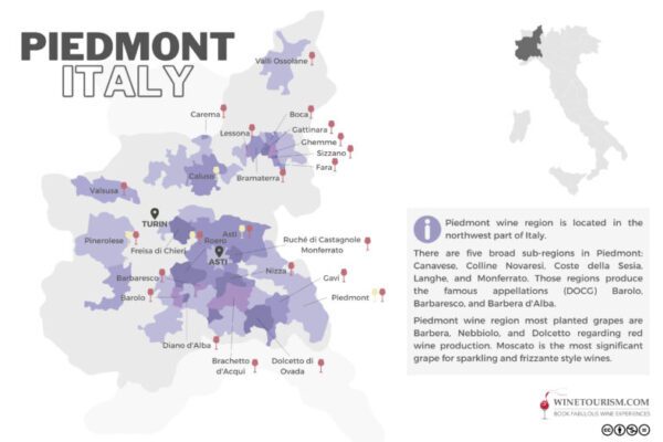 A map of the Piemonte (Piedmont) wine region, Italy.