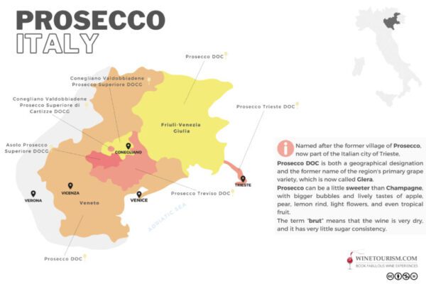 A map of the Prosecco wine region, Italy.