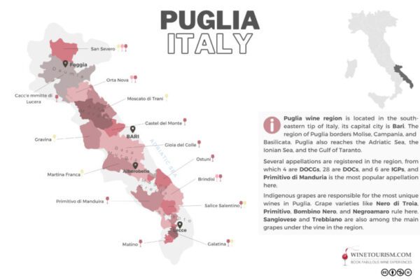 A map of Puglia (Apulia) wine region, Italy.