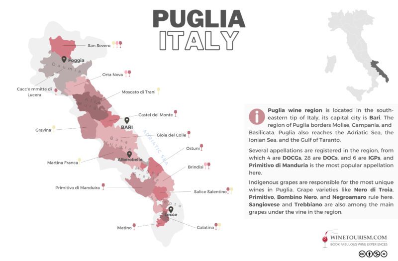 A map of Puglia (Apulia) wine region, Italy.