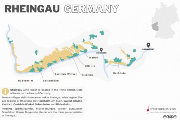 A map of the Rheingau wine region, Germany.