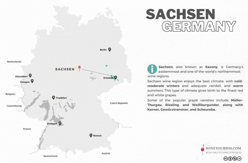 A map of the Sachsen wine region, Germany.