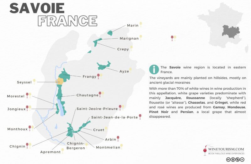 A map of the Savoie wine region, France.