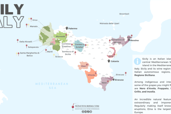A map of the Sicily wine region, Italy.