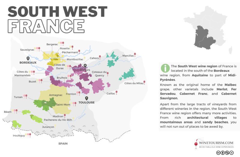 A map of the South West France wine region, France.