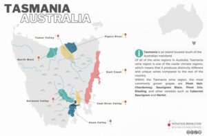 A map of the Tasmania wine region, Australia.