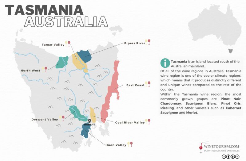 A map of the Tasmania wine region, Australia.