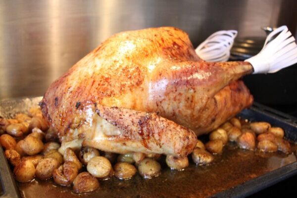 A picture of a Thanksgiving turkey, holiday meal wine pairing.