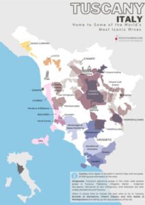 A map of Toscana (Tuscany) wine region, Italy.