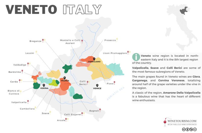 A map of Veneto wine region, Italy.