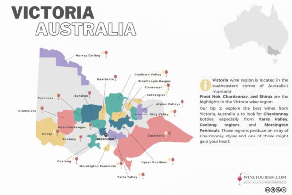 A map of the Victoria wine region, Australia.