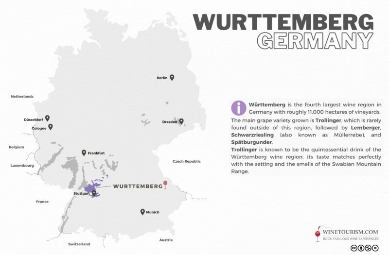 A map of the Württemberg wine region, Germany.